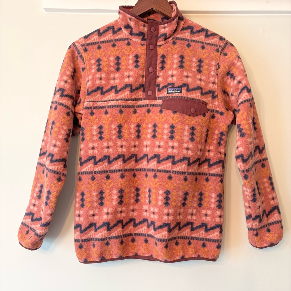 Patagonia Girls Synchilla Pullover Wild Roots Spanish Red Aztec Jacket XL 14